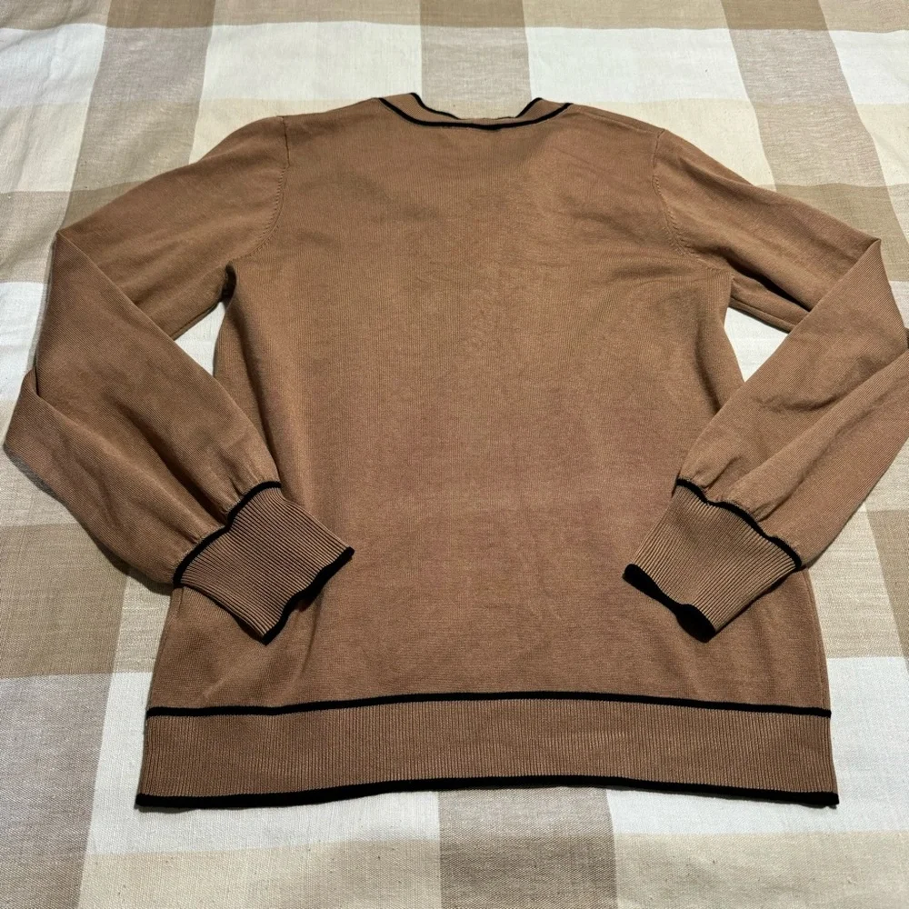 Adrianna Papell Tipped Bow Neck Sweater In Camel/Black- M - Picture 8 of 8
